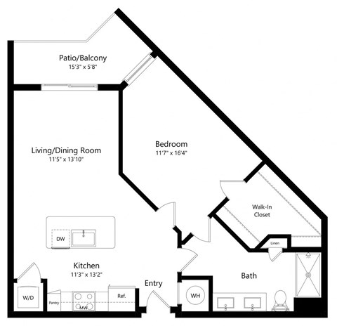 Floor plan for 1 bed, 1 bath, 861 sqft